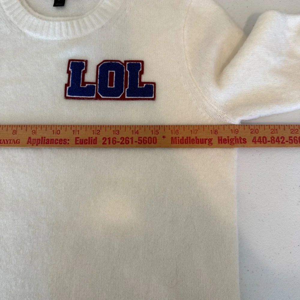 J Crew Women's Ivory LOL Varsity‎ Patch Crew Neck Pullover Sweater Small Cute